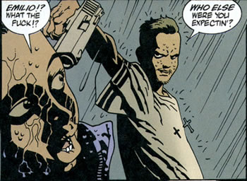 Emilio holding a gun to his sister's head