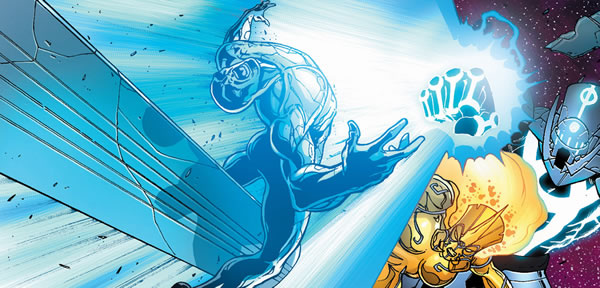 The Silver Surfer gets hit by Tenebrous