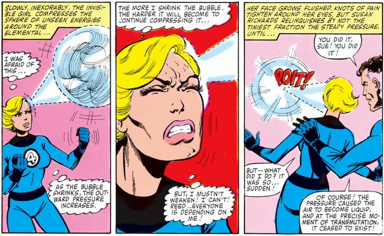 invisible woman compresses an air elemental into liquid form