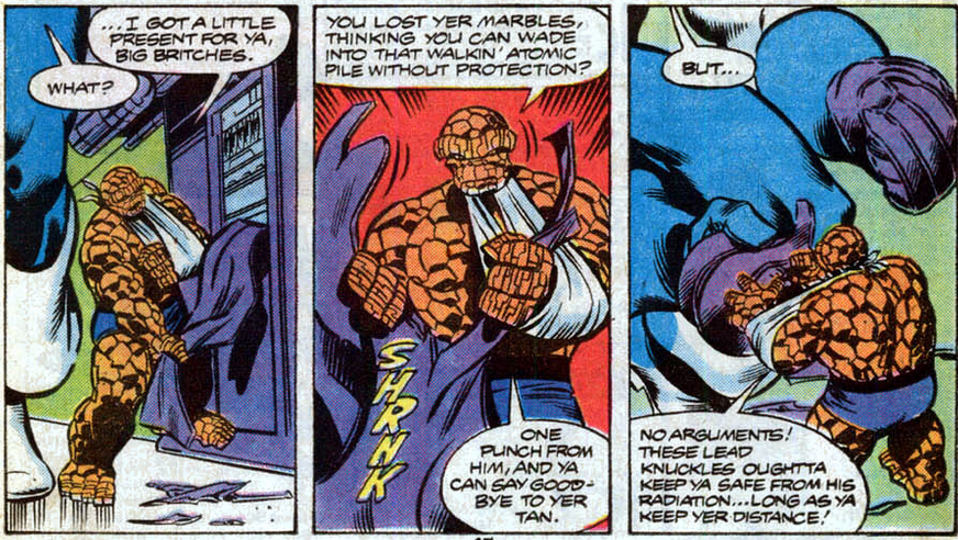 thing fashioning metal gloves for giant-man