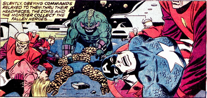 Captain America, the Thing and their company held hostage by the Badoons