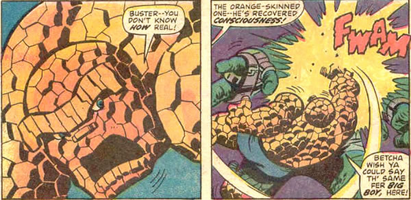 The Thing wakes up and pummels the Monster of Badoon
