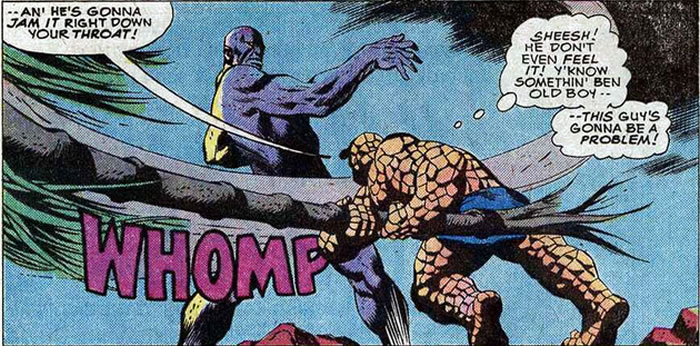 The Thing hits the Golem with a pole