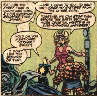 A giant alien woman talking to the Thing and Nova