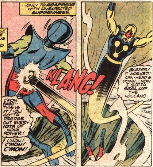 Nova pushes a Monitor into a volcanic crater